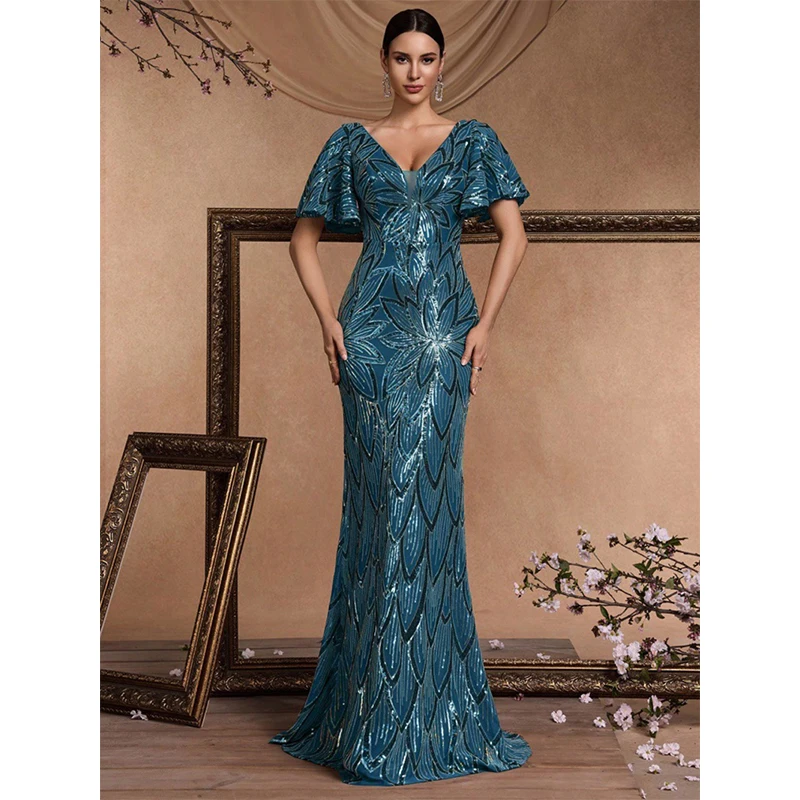 Letnia Odzież Damska Elegancka Sukienka Koktajlowa/Balowa z Rozkloszowanymi Rękawami, Głęboki Dekolt V, Niebieska, Z Cekinami, Długa Sukienka Vestido De Festa