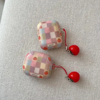 適用於 AirPods Pro2 Pro 3 2025 4 3 2/1 復古趣味撞色網格圖案番茄吊墜耳機保護套 10 最佳銷售 iPod 2 保護套 - №7