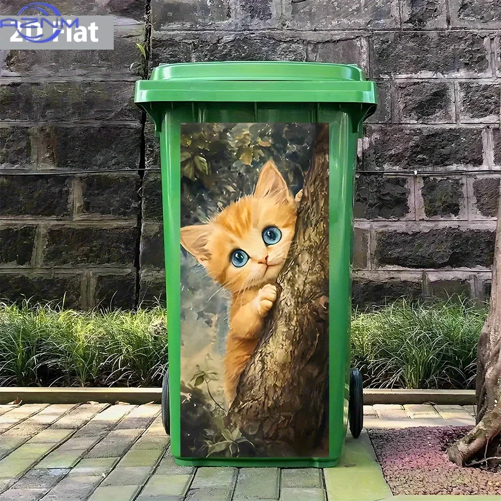 Adorable Sticker of a Curious Orange Kitten in a 2D Flat Design, Perfect for Decorating Trash Cans. It'S Waterproof, Playful,