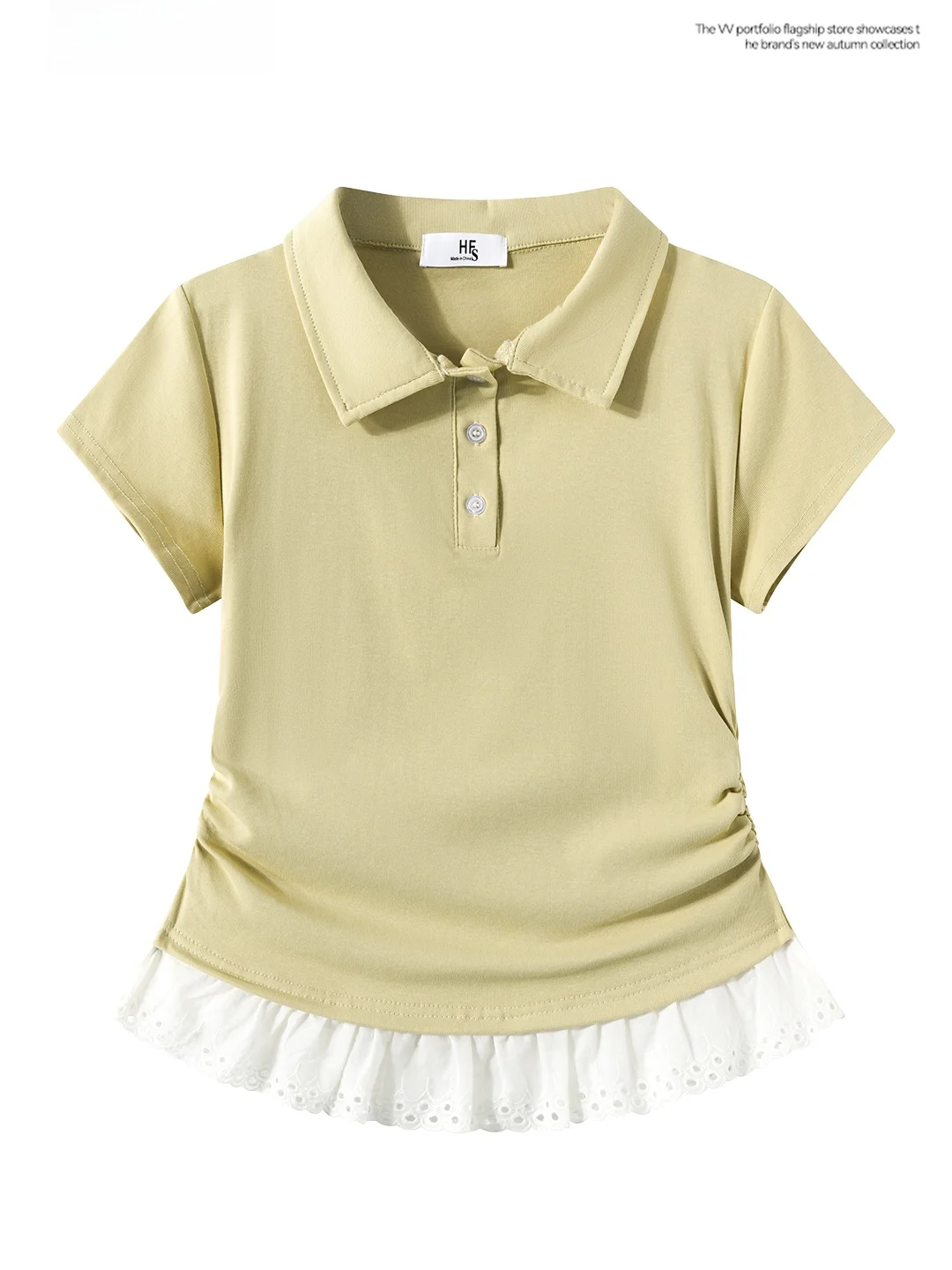 Slim Fit Lace Collar Short Sleeve T-Shirt Women's Summer Green Top Fake Two-Piece Embroidered Patchwork Button Detail