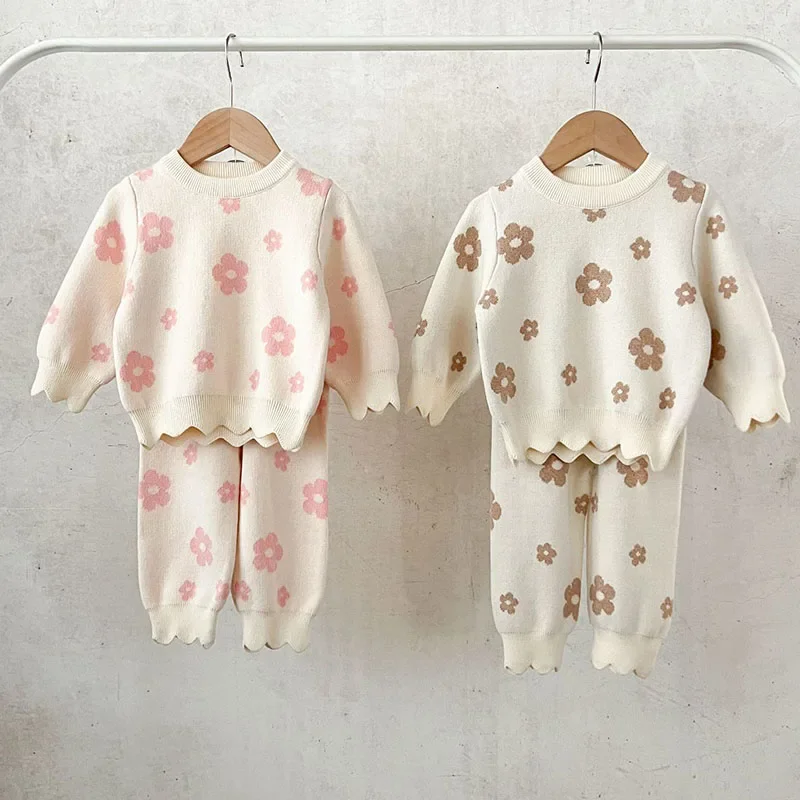 2024 New Autumn Newborn Baby Girls Knitted Clothing Set Long Sleeved Knitted Printed Pullover Shirt+Pants Children Clothes Suit