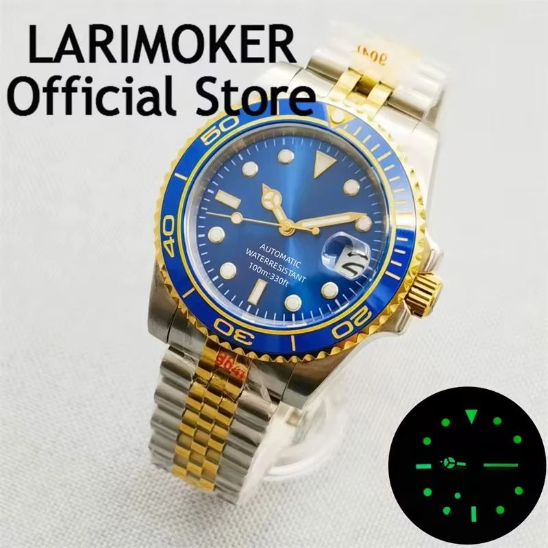 LARIMOKER 40mm TwoTone Gold Case Self Winding Men Watch Sapphire Crystal NH35 PT5000 Movement blue Dial stainless steel Strap