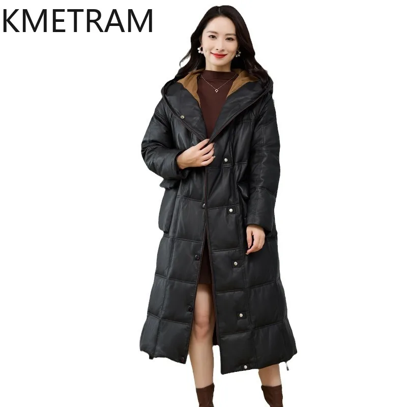 White Goose Down Genuine Leather Puffer Jacket Women Clothing 100% Sheepskin Long Down Coats Winter Loose Jackets 2024 пуховик