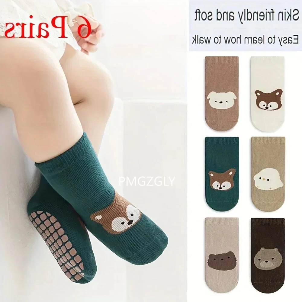 6 Paar rutschfeste Baby-Socken mit Klebespüle, Bodensocken mit Cartoon-Muster für Kinder, Trampolinsocken