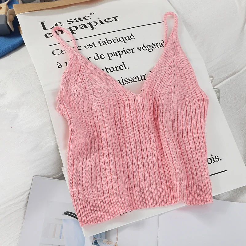 Pearl Diary Women Sexy Knitted Top V Neck Sleeveless Vest Solid Simple Spaghetti Strap Crop Top Plain Casual Tshirt Women Tops