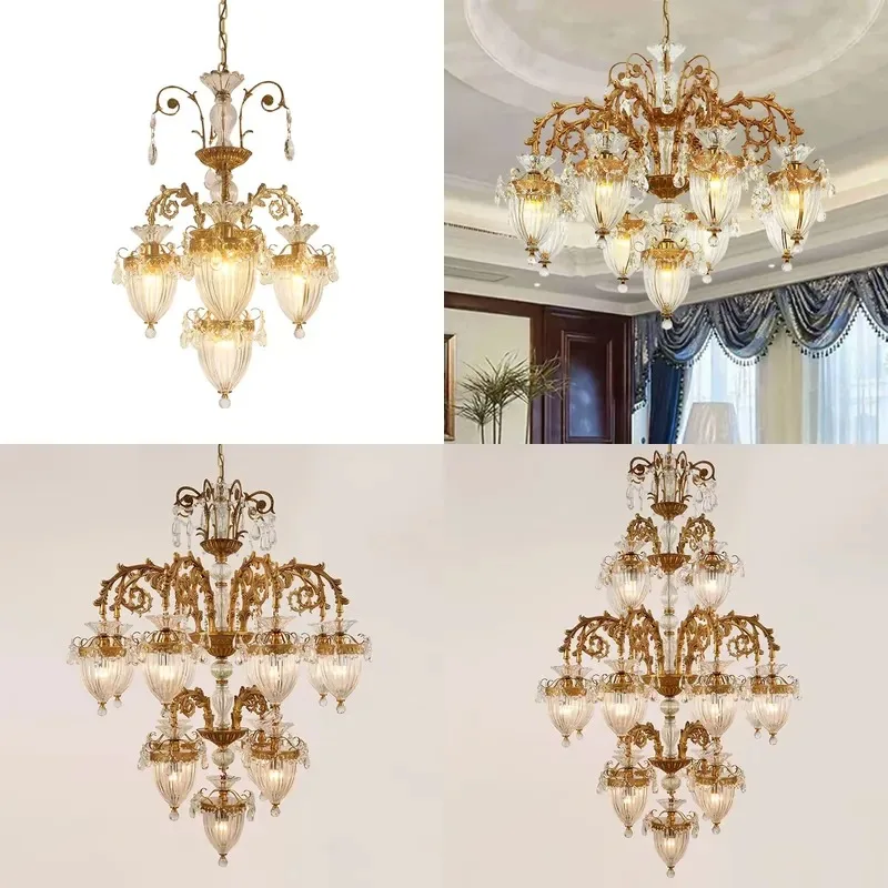 European Luxury Rococo Hand Blown Glass Antique Brass Chandelier with Agate Lighting Fixture