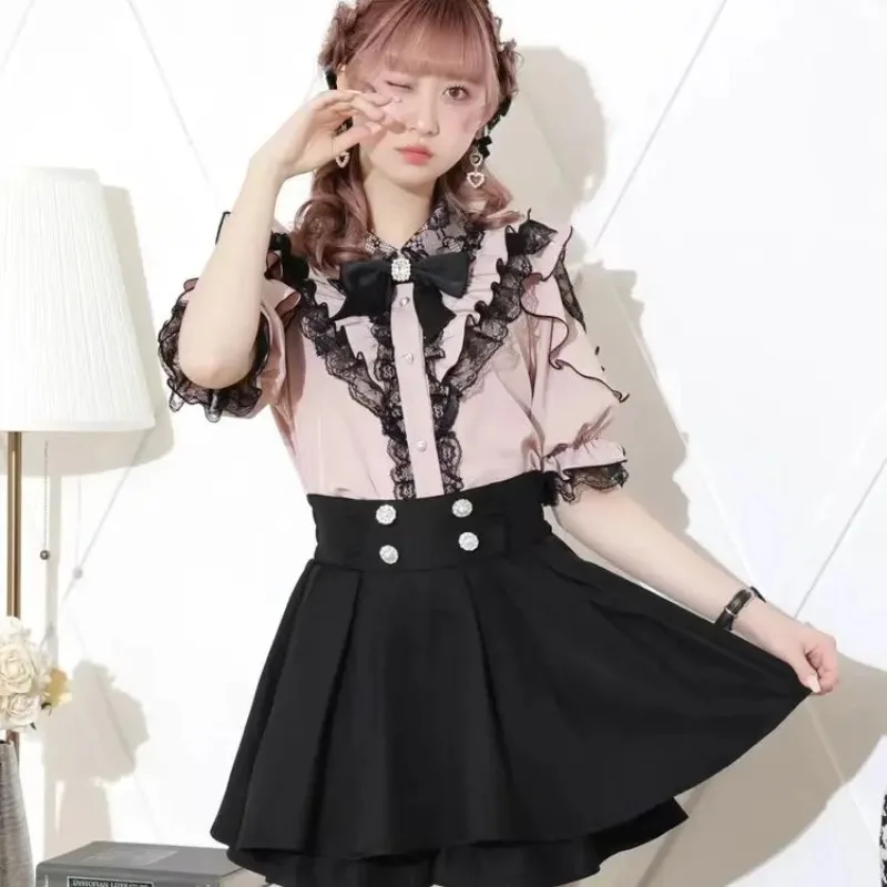 Nowa bluzka damska w stylu Y2K, urocza, japońska kokarda, koronka, falbanki, odkryte ramiona, elegancka, rękaw 3/4, słodkie topy, codzienne koszule estetyczne.