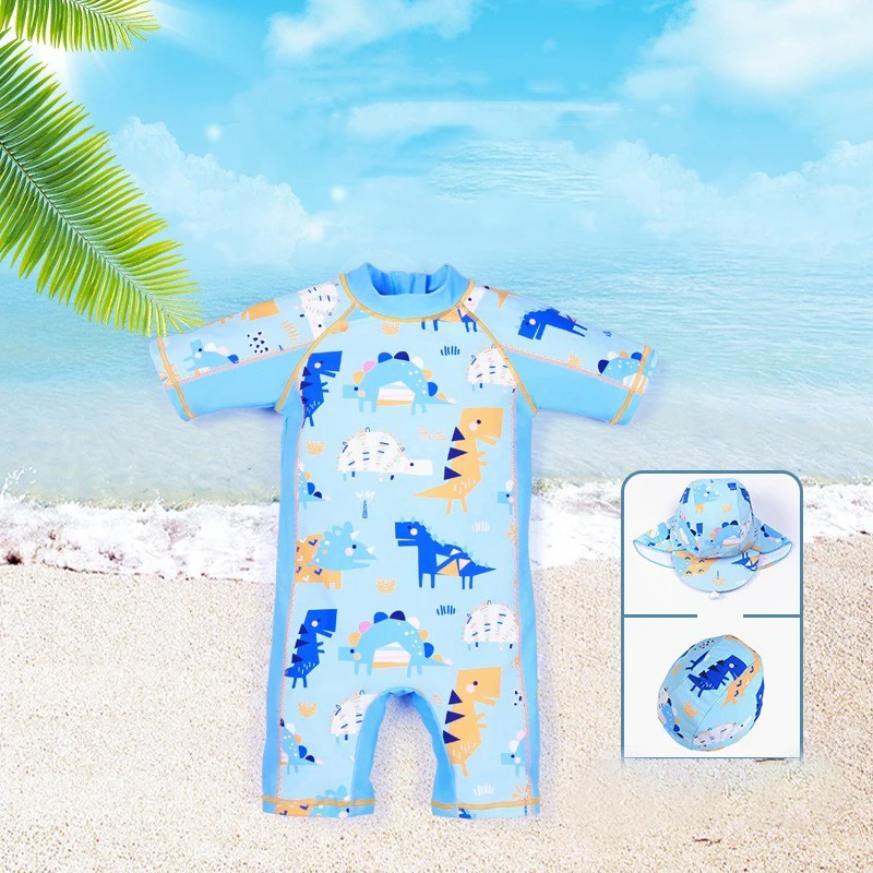 3pcs Boys\' One-Piece Swimsuit Rash Guard with Sun Hat Summer Toddler Sunscreen Quick Drying Surfing Hat UPF 50+