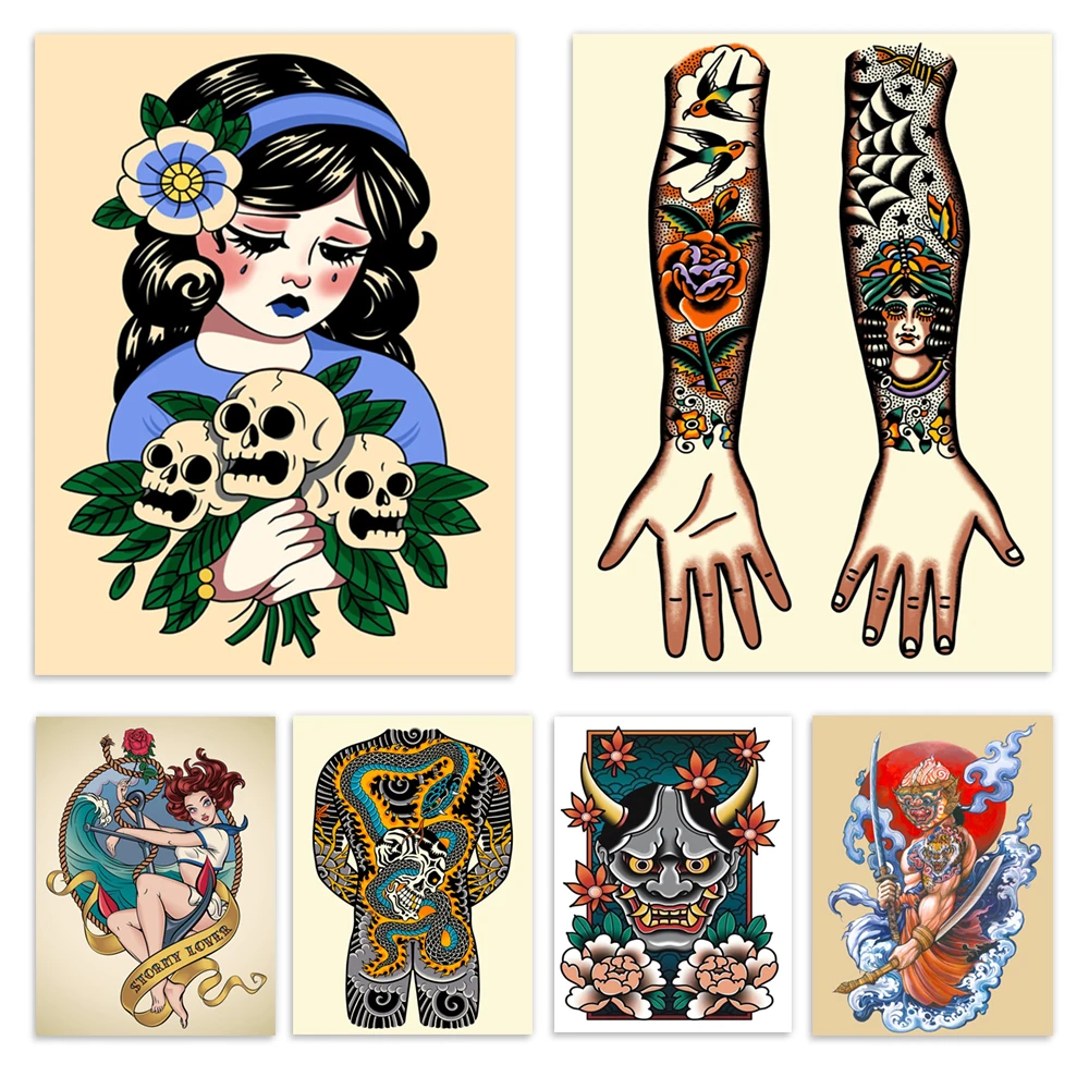 Traditional tattoo prints, Japanese bodysuits, colored sleeves, mermaids, traditional hannya mask tattoos, tattoo style posters