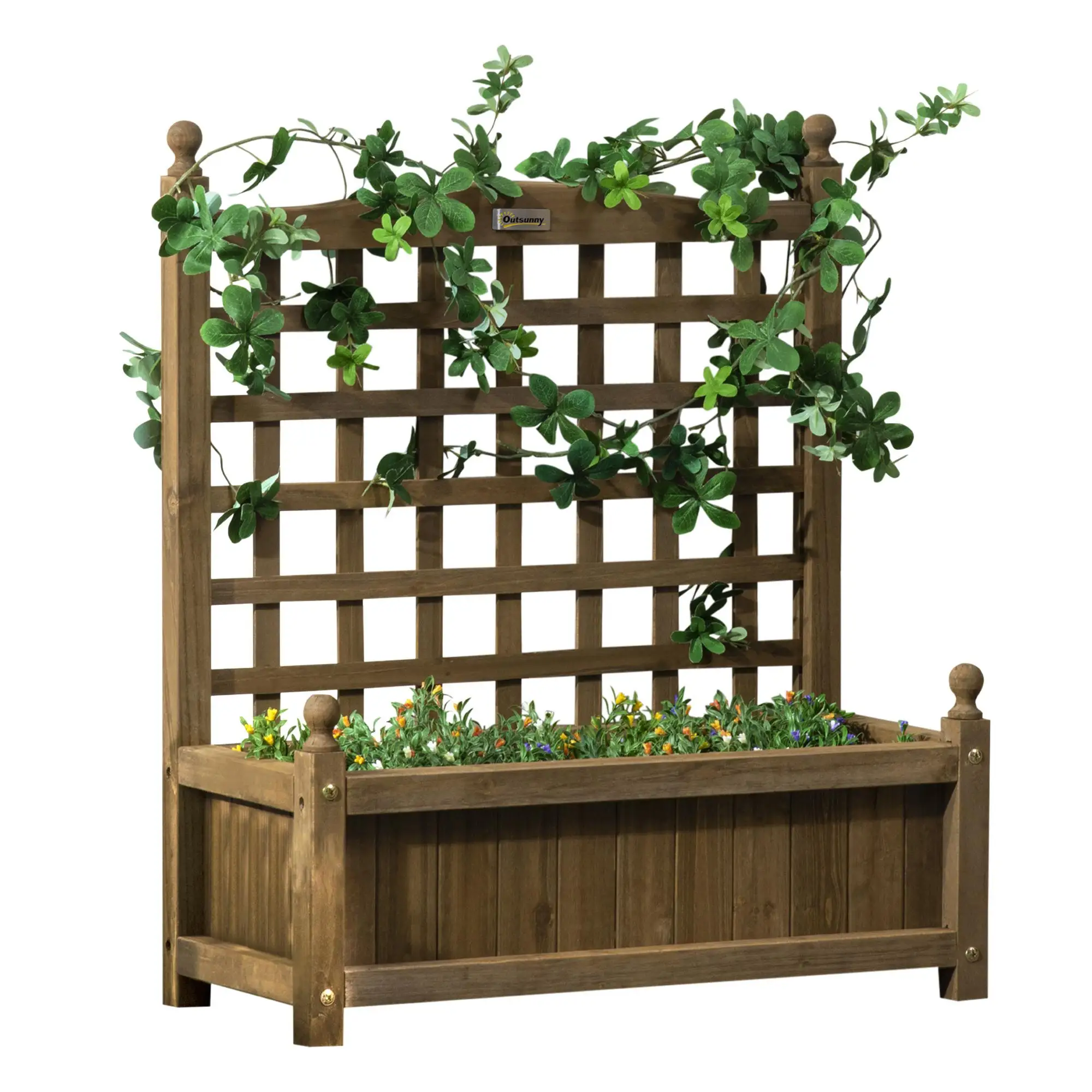 Pot de fleurs Outsunny avec treillis en bois massif, 75x64x28cm, pour balcon et jardin