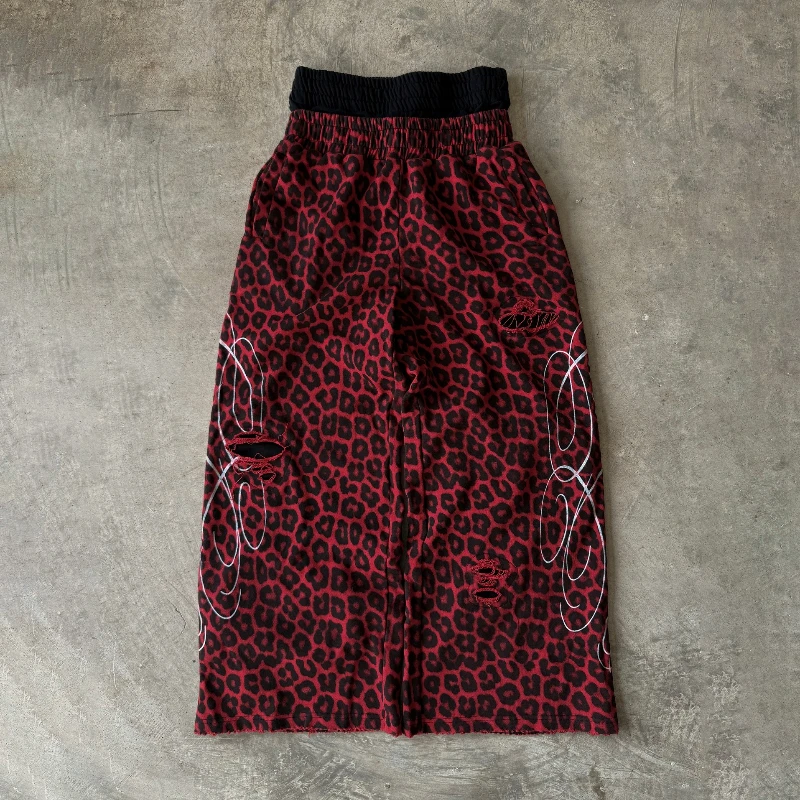 Y2k الفهد الأحمر Sweatpants العصرية مزدوجة الخصر تسجيل الرجال النساء بنطال ذو قصة أرجل واسعة شارع العليا الهيب هوب الشارع الشهير السراويل الرياضية غير رسمية #1