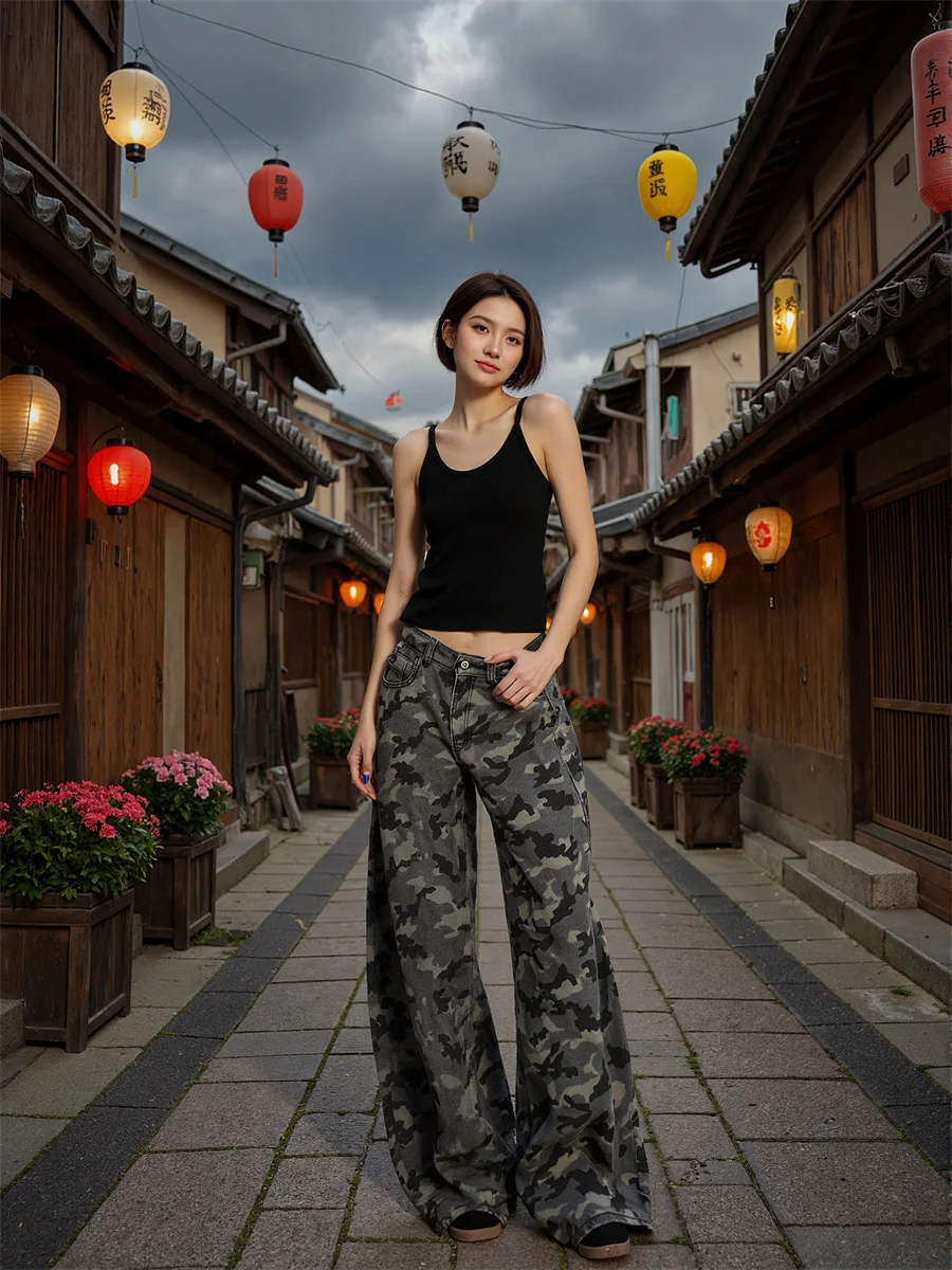 

Камуфляжные широкие джинсы в пол, женские свободные эластичные карманы с отверстиями в стиле ретро, потертые плиссированные американские брюки-клеш