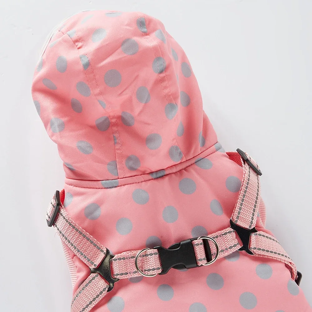 Hooded Dog Coat Cute Dotted Pet Outfit Winter Cold Weather Waterproof Dog Fleece Vest with Harness for Small Medium Dogs