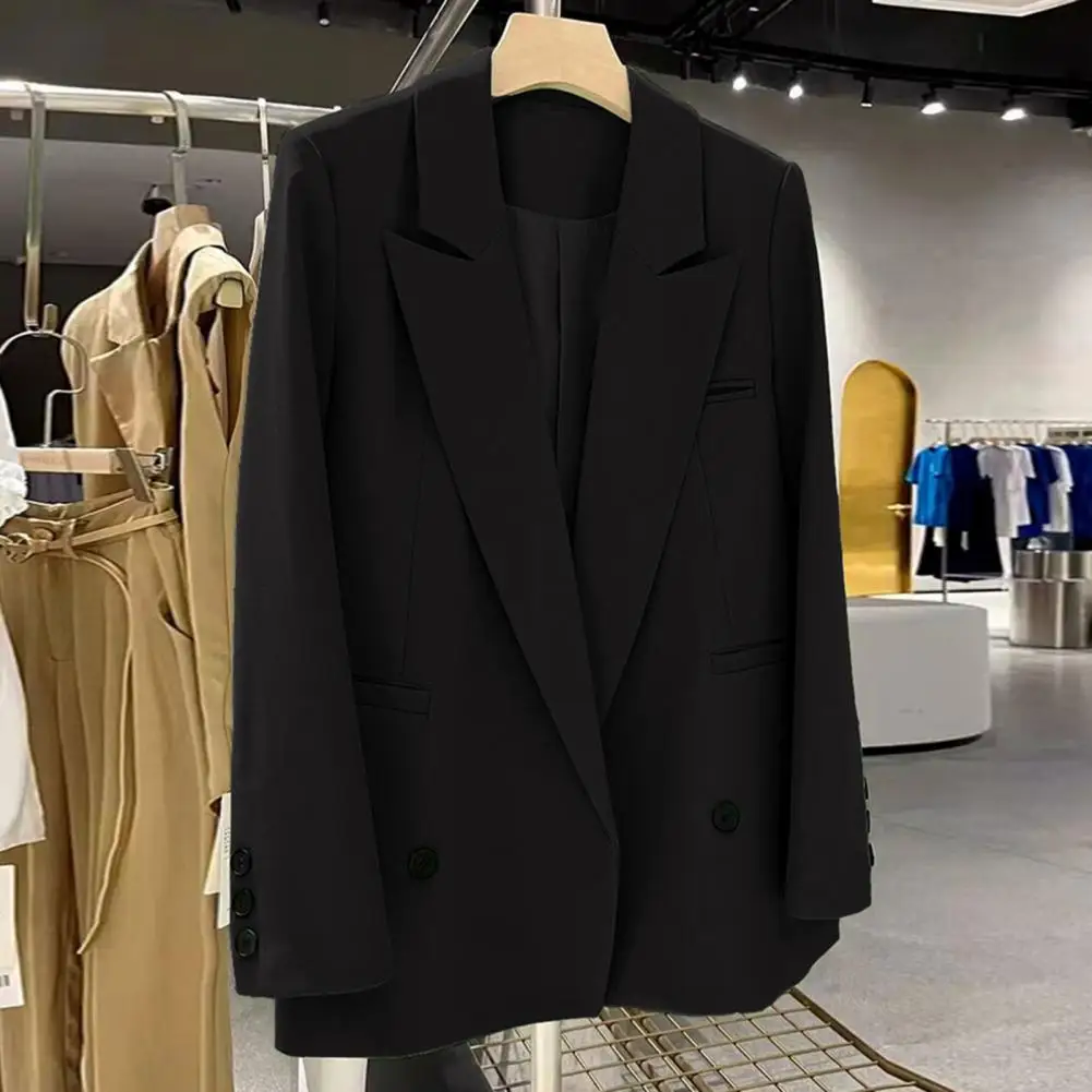 Solid Color Suit Coat Elegant Women's Business Suit Coat with Lapel Long Sleeve Pockets Stylish Office Outwear for Work