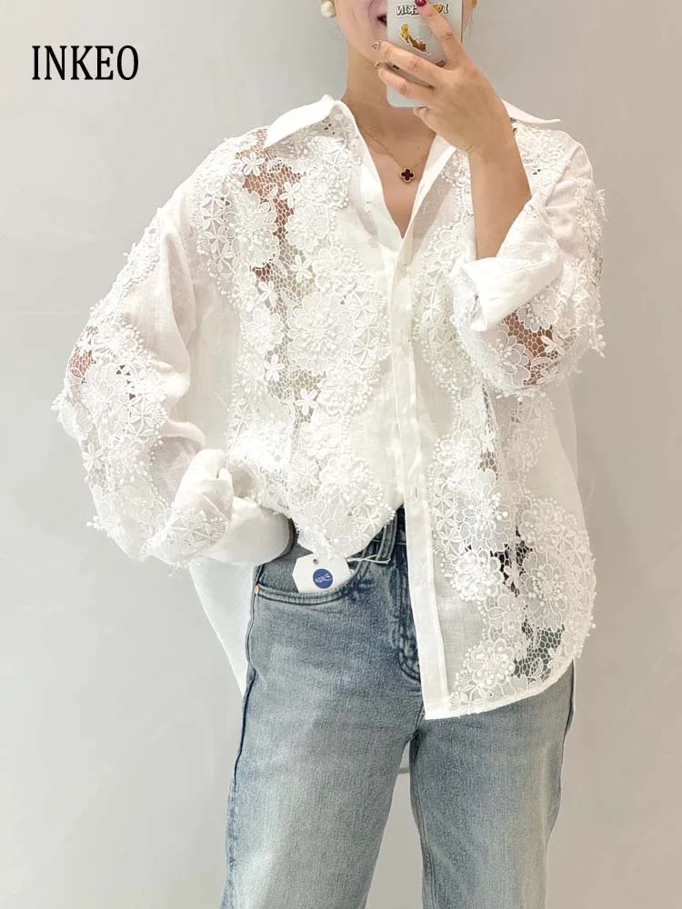 

Luxury Women Lace patchwork blouse See-through 2025 New Solid color Long sleeve shirt Loose embroidery tops Beach INKEO 5T054