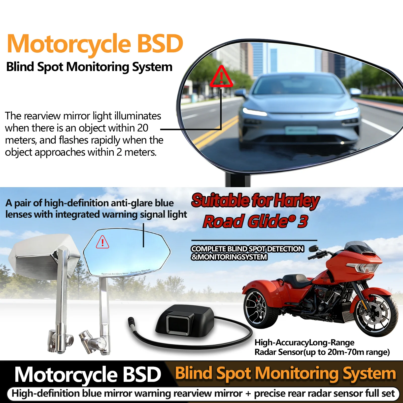 

For Harley Road Glide® 3 High Definition Radar Rearview Mirror Blind Spot Monitoring Anti-Glare Precise Rear Sensors Safety Kit