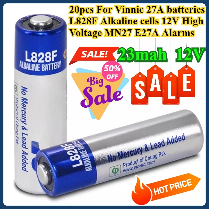 

20pcs For Vinnic 27A batteries L828F Alkaline cells 12V High Voltage MN27 E27A Alarms