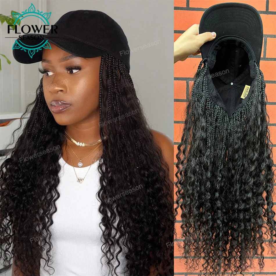 

Boho Box Braids Hat Wigs with Human Hair Curly Ends Grab-and-Go Boho Band Braids Hair Extensions for Black women Natural Color