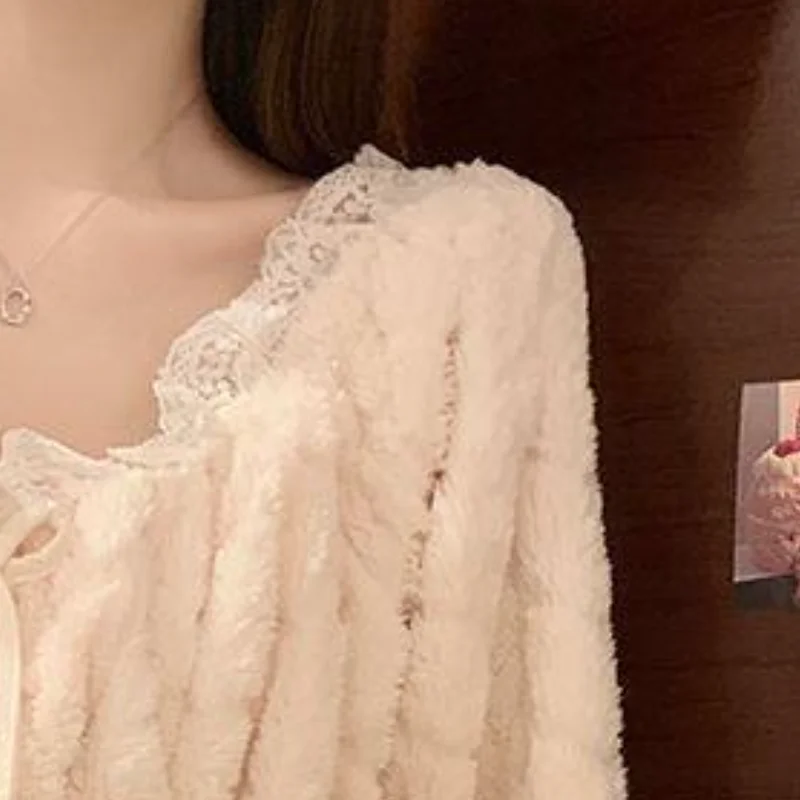 Hot 2026 Women Winter New Fashion Soft Comfort Pajamas V Neck Long Sleeve Thickened Warm Lace Edge Sweet Cute Home Clothes Set
