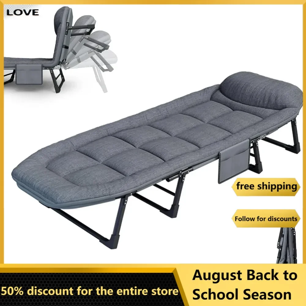 Folding bed, camping bed with 6 adjustable positions and mattress, used for camping, beach, portable foldable outdoor bed