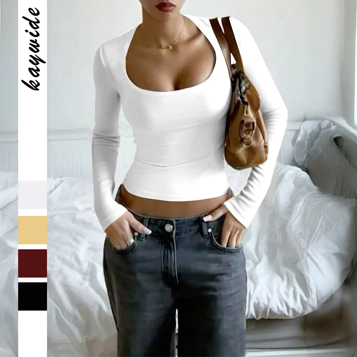 

YJKDYK Women's Autumn Undershirt Pure Color U-Neck Slong Sleeve Cropped Lady Tees Versatile Spicy Girl Style T-Shirt For Female
