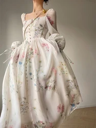 2024 Summer Korean Style Floral Evening Party Dresses Chiffon Long Sleeve Beach Midi Fairy Dress Vestidos De Ocasion Formales