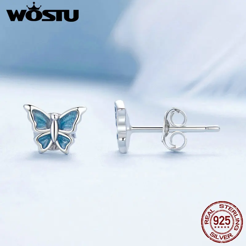 WOSTU 925 Sterling Silver Butterfly Stud Earrings Blue Green Purple Butterfly Enamel For Women Girl Vintage Fine Jewelry Gift