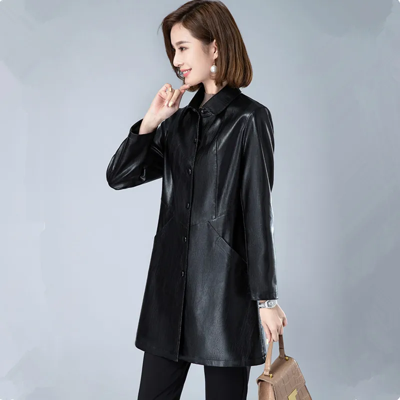 UHYTGF Quality Sheepskin Autumn Leather Jacket Women Mid-Length 5XL Loose Size Coat Elegant Female Leather Trench Outerwear 2345