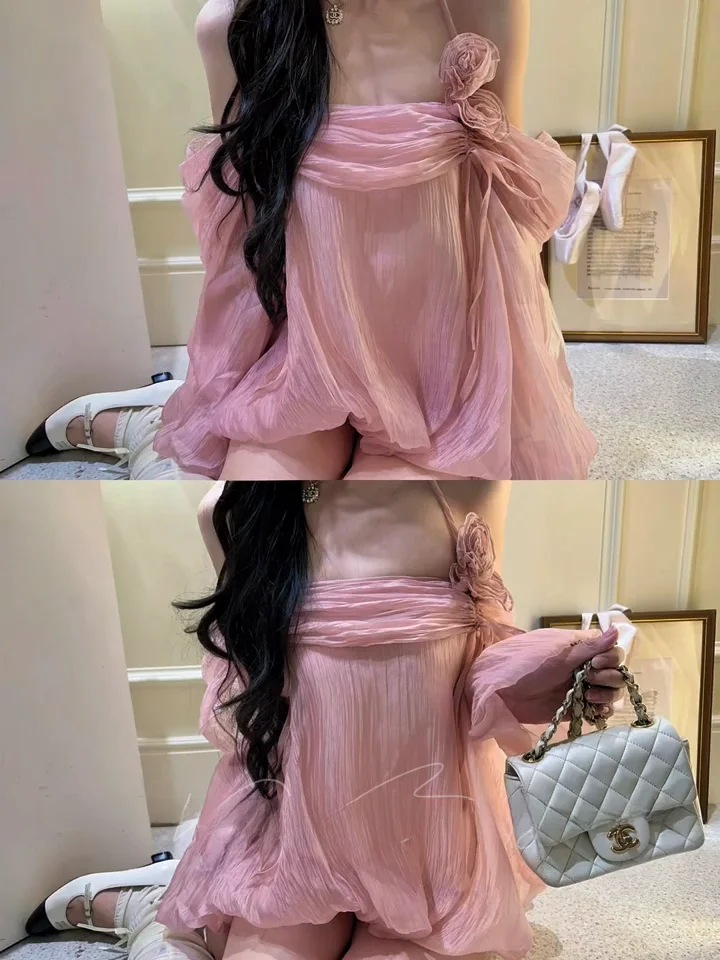 

Sweet Style Long Sleeve Bubble Sleeve Chiffon Blouse Women's Loose Fit Neck Hanging One Shoulder Shirt Romantic Female Top