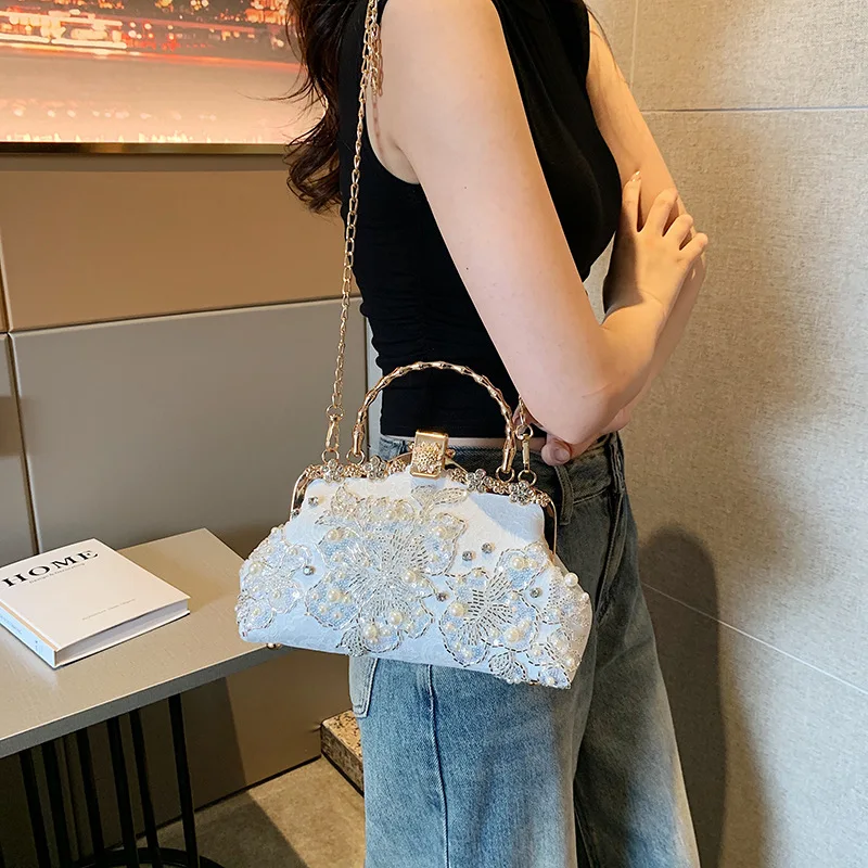 خمر حقيبة الزفاف الموضة الزهور الماس مقبض علوي قفل أكياس سلسلة المرأة الكتف حقيبة كروسبودي حقائب اليد النسائية المحافظ #5