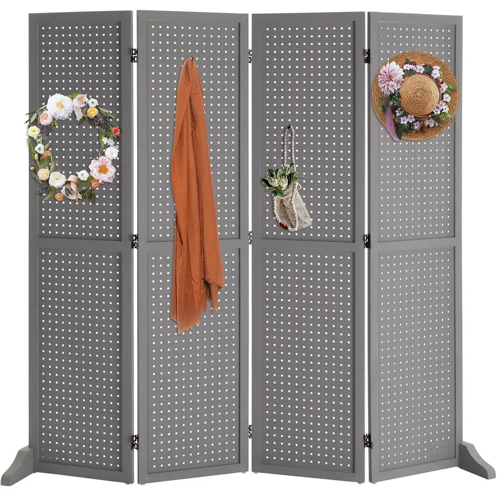 

4-Panel Pegboard, 5-Tier Portable Display Organizer, Wooden Privacy Room Divider with Base in Grey