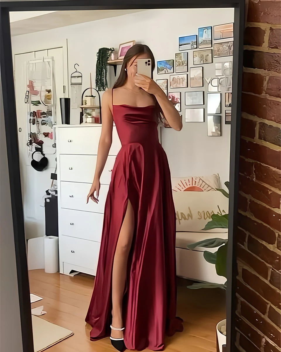 ピンクのバックレスサテンワンピース、セクシーなスパゲッティストラップ、レッグスリット入りマキシ丈ビーチドレス、女性用カジュアルパーティー、プロム、イブニングドレス