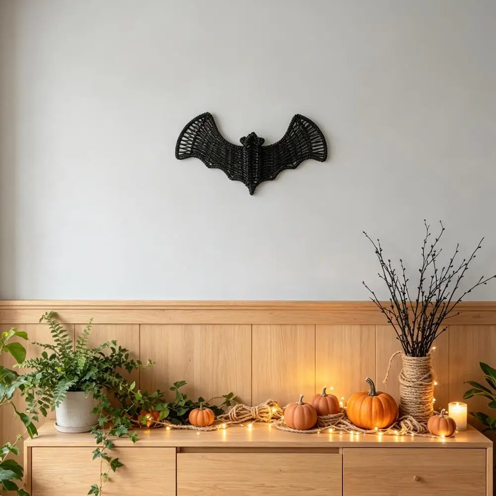 Halloween Bat Decorations Rattan Wall Hanging Decor Handcrafted Woven Rattan Bat Wall Hanging 3d Black Wicker Halloween