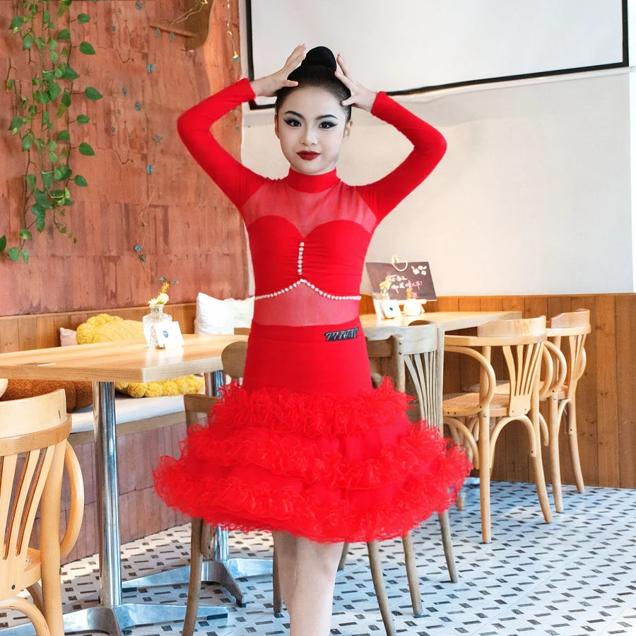 Trajes de baile latino para niñas, faldas divididas con mangas de malla roja, traje de Samba Chacha, ropa de baile latino XH3969, 2026
