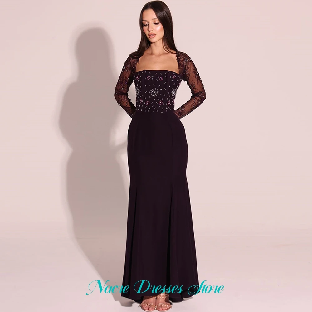 Customized Luxury Jersey Evening Dress Delicate Lace Long Sleeves Prom Dresses Modern Crystal Flowers Special Occasion Gowns