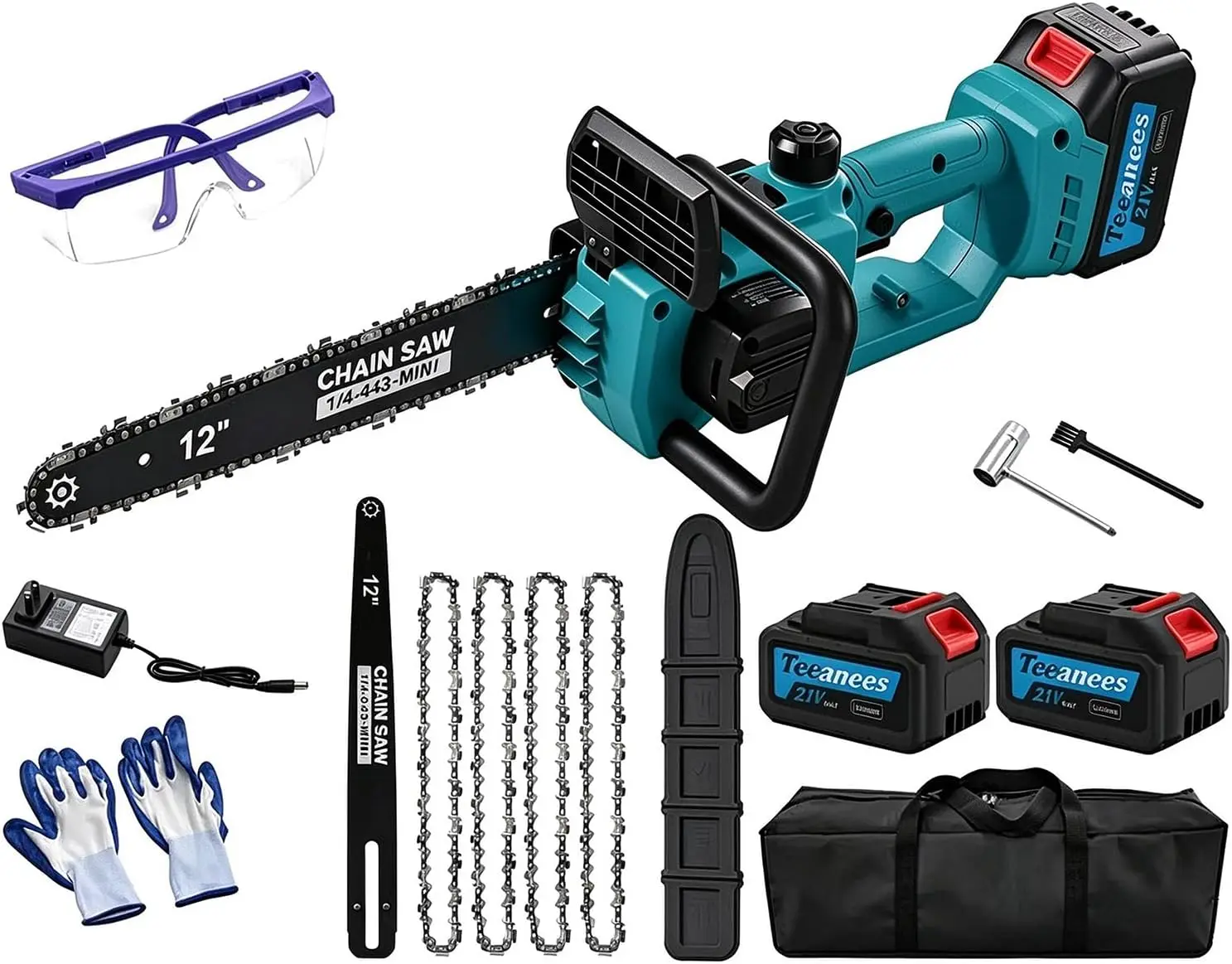 12 Inch Brushless Cordless Electric Chainsaw, 1200W High Power with 2 x 4.0Ah Batteries, Auto-Oiler and 4 Chains