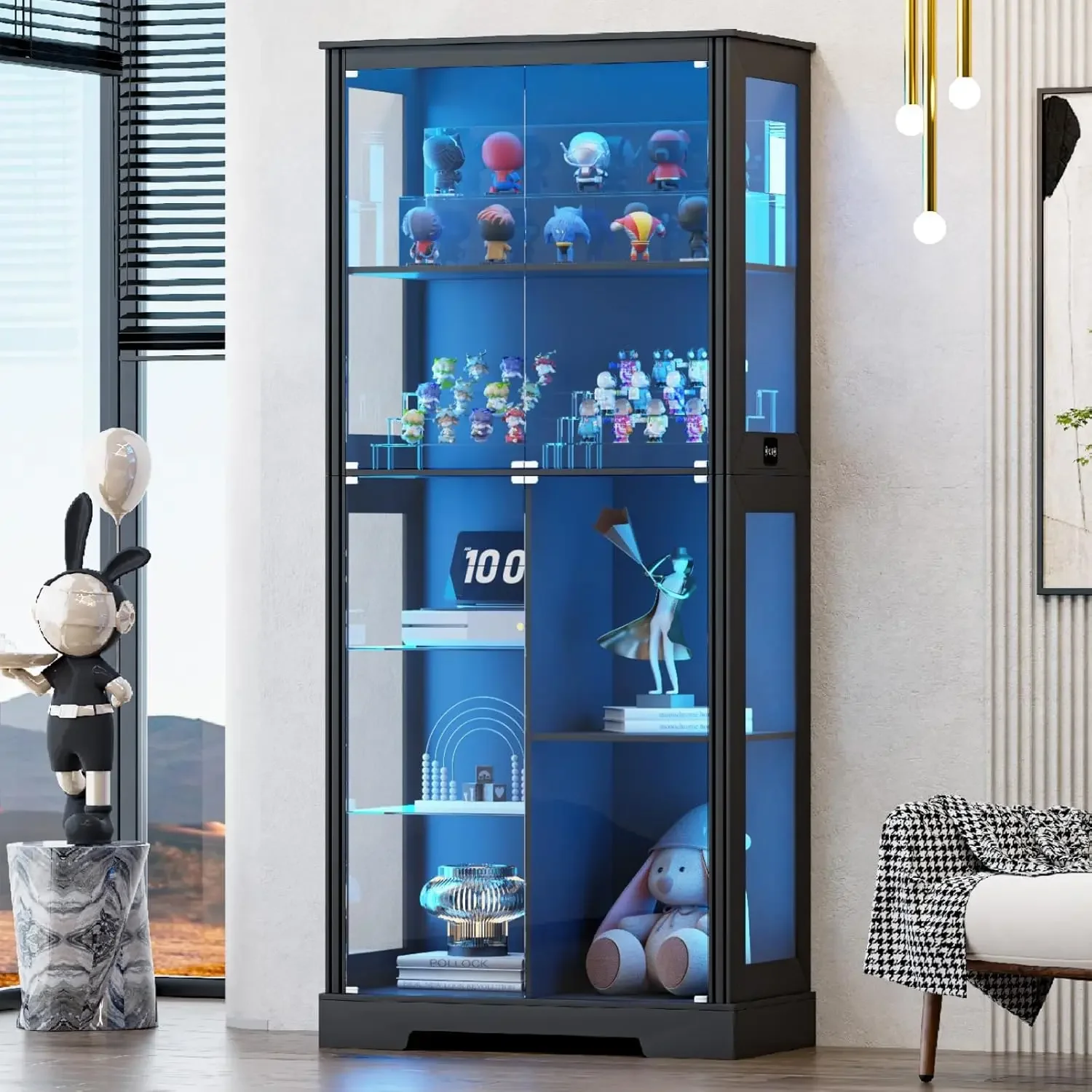 Vitrina de 71 pulgadas con puertas de vidrio, vitrina moderna con luces de 3 colores, vitrinas de vidrio de 7 niveles para coleccionables