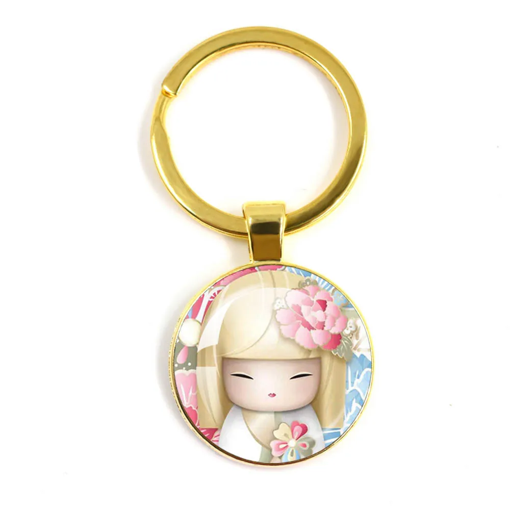 Cute Japanese Girl Face Keychain, Lovely Cartoon Kokeshi Kimono Doll, Face Pattern Glass Cabochon Chaveiros, Charm Jewelry Gifts