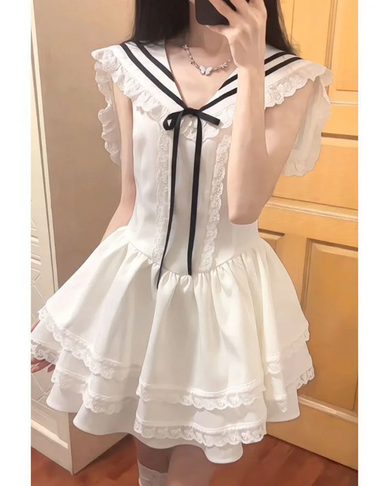 Robe d'été pour femmes, Mini robes épicées pour filles, Patchwork, garniture en dentelle, pompon solide, sans manches, robes de Style féerique douce, 2025