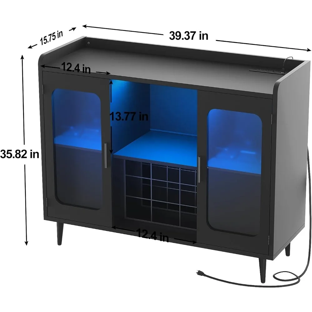 Wine Bar Cabinet com Power Outlet, Liquor Cabinet Bar com luz LED e suporte de vidro, Home Coffee