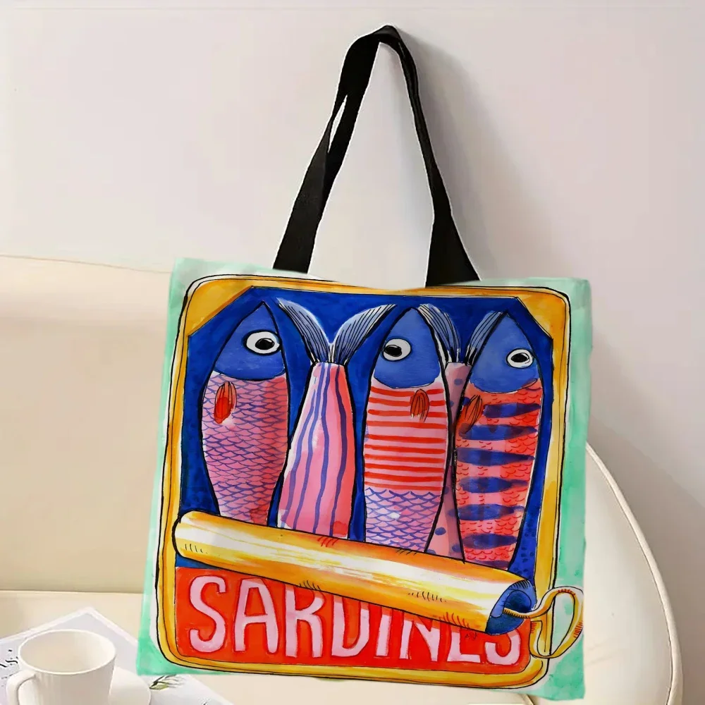 Bunte, trendige Sardinen-Druck-Freizeithandtasche, wiederverwendbarer modischer Rucksack, multifunktionale Einkaufstasche, Polyester-Einkaufstasche – Detail 26