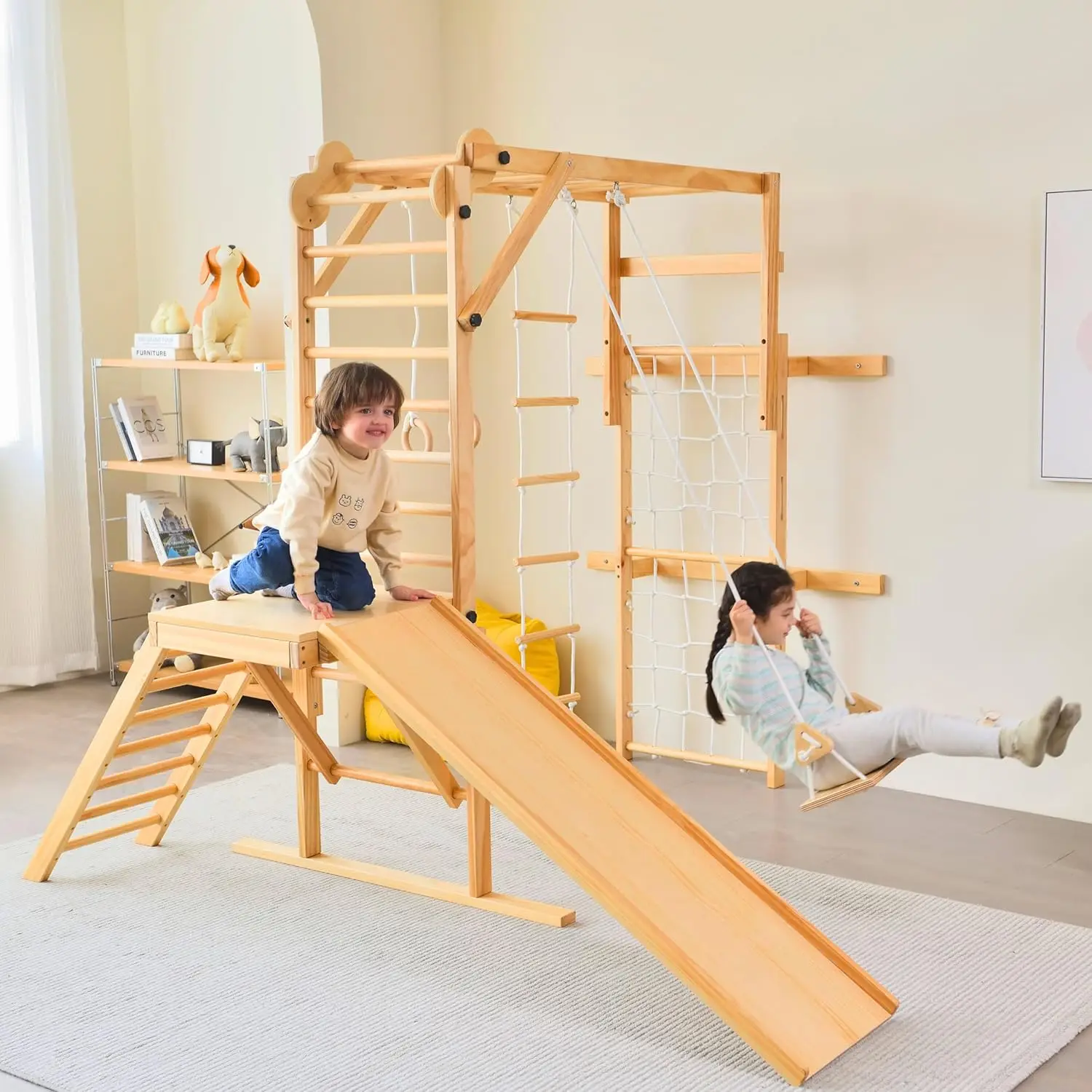 8-in-1 Indoor Jungle Gym with Gymnastic Rings, Climbing Rope, Swing, Slide, Monkey Bars, Rope Wall Net, and Wooden and Rop