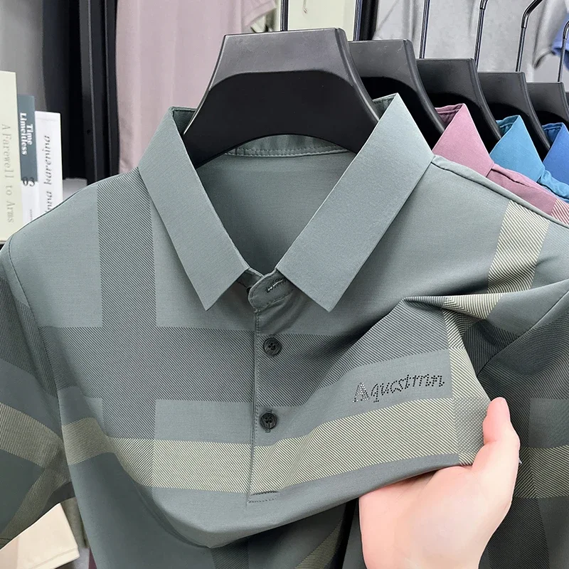 Men's Fashion Geometric Print Polo Shirt Soft Breathable Fabric With Chest Logo Short Sleeve For Business