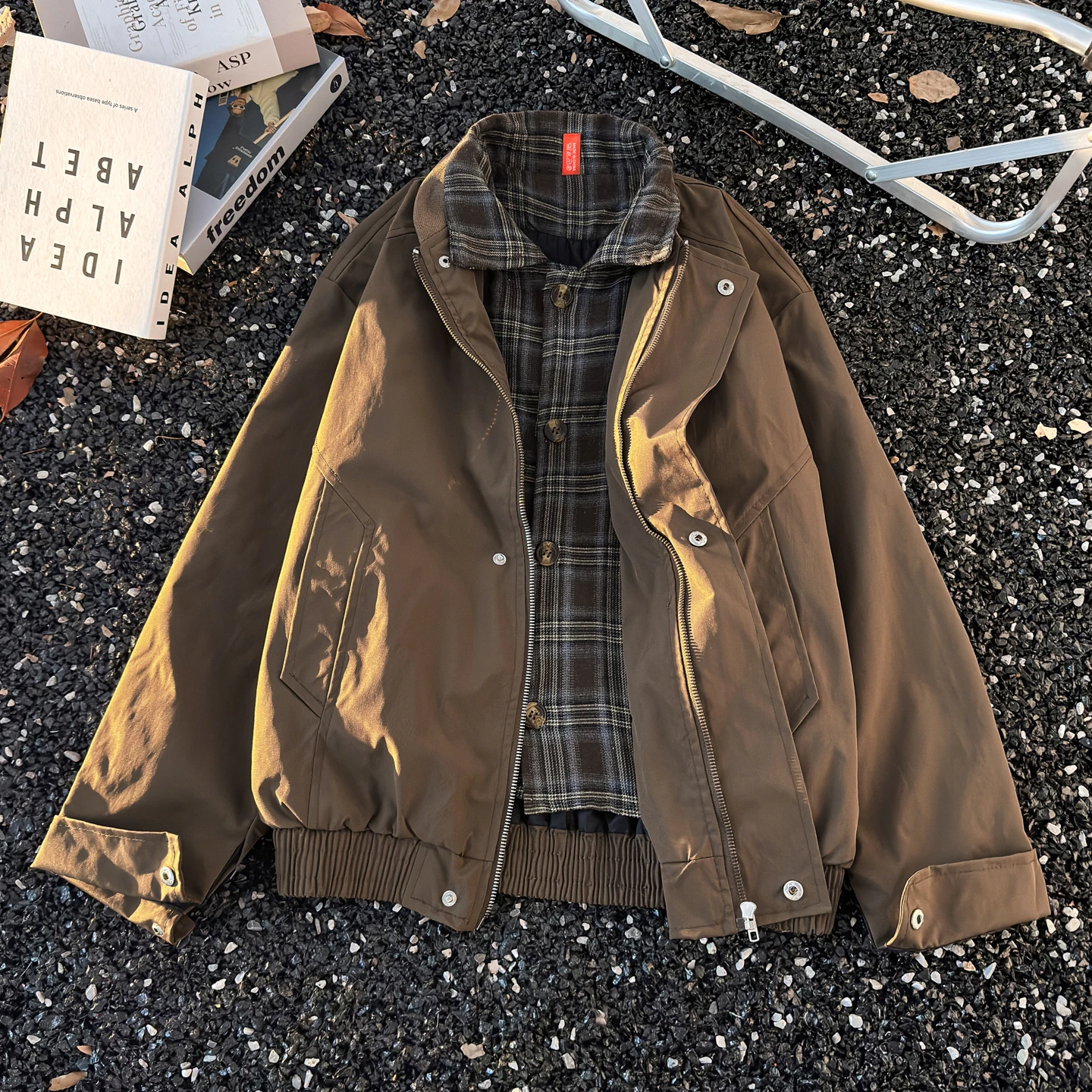 

Vintage Plaid Collar Jaet Men's Baseball Sle Couple's Outerwear Loose Fit Youth Trend Spring Season Casual Sle Zipper C...