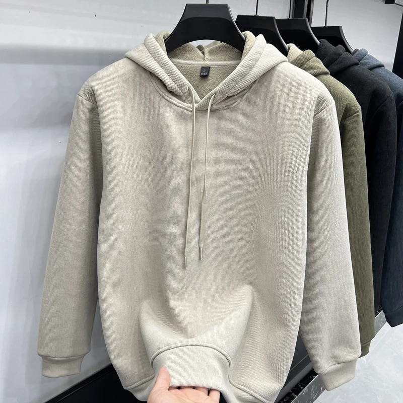 

2024 American trend pullover casual loose hooded sweatshirt autumn winter dopamine solid color blank style men's high quality