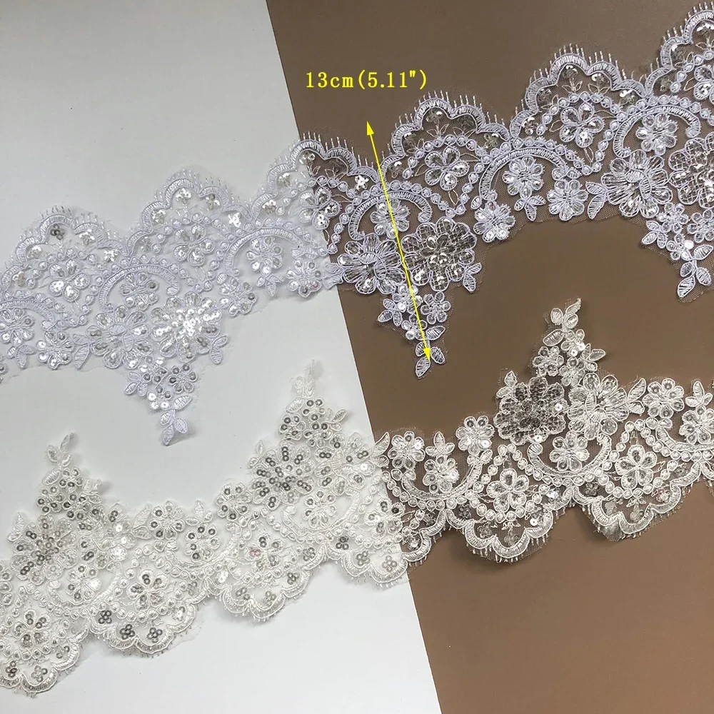 Delicate 1Yard Ivory/White Venise Venice Mesh Lace Trims Sequins Flower Applique Fabric Sewing Craft for Wedding Dec 13cm