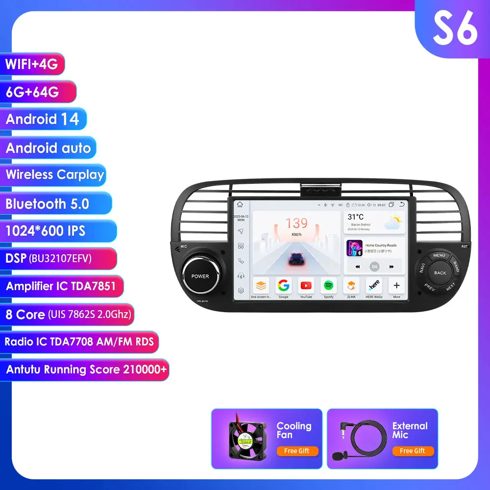 Hizpo 7'' Intelligent Scherm Android Autoradio voor Fiat 500 500C Abarth 2007 - 2015 Draadloze CarPlay Android Auto GPS Navigatie