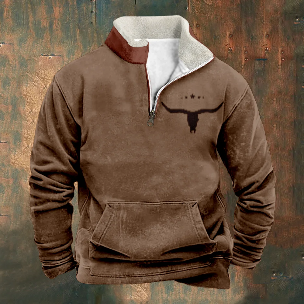 

Patchwork Men's Sweatshirt Oxhead Logo Print Sweatshirts Brown Long Sleeve Stand Collar Zipper Casual Pullovers