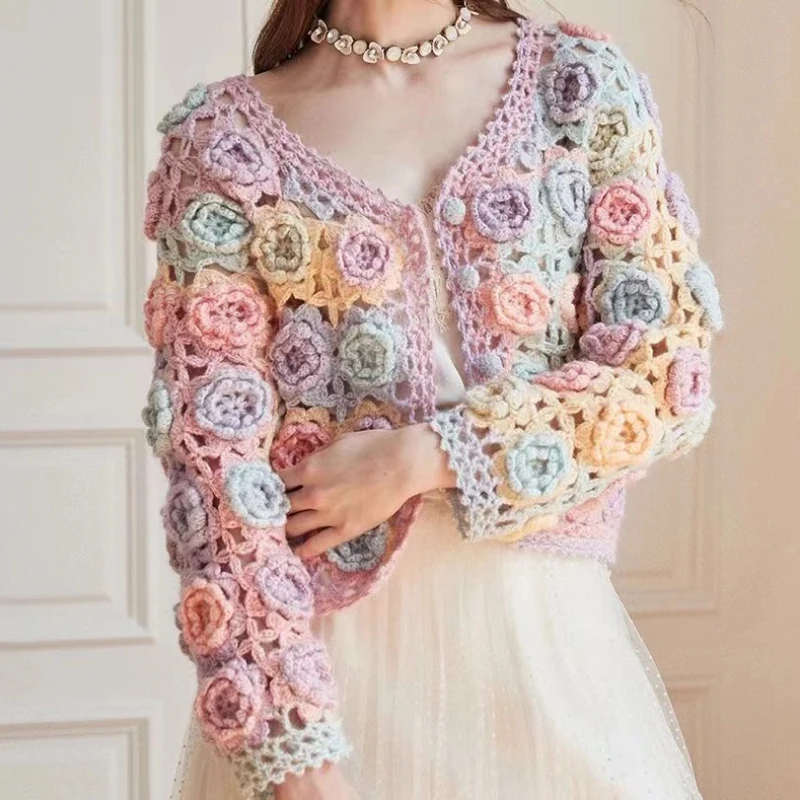 Frauen Regenbogen 3d Blumen Pullover Mantel Patchwork Hit Farbe Blumen gehäkelte Rosen gestrickte Strickjacke Strickwaren V-Ausschnitt Kapuzen