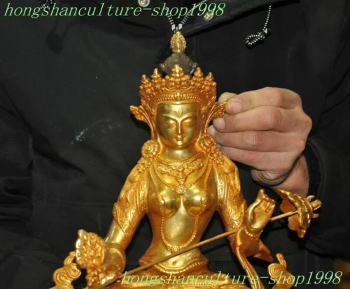 12"old Tibet Buddhism temple bronze Gilt Tara Kwan-Yin GuanYin Buddha statue